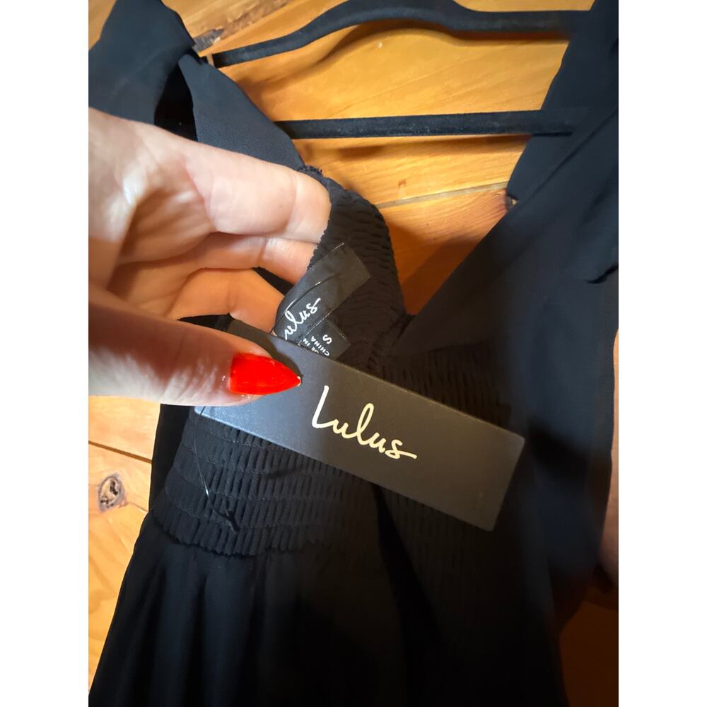 Lulus Summer Invite Black Tie-Strap Tiered Midi Dress Bridesmaid Holiday Small - Picture 7 of 9